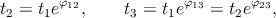 t2 = t1eφ12,     t3 = t1eφ13 = t2eφ23,
